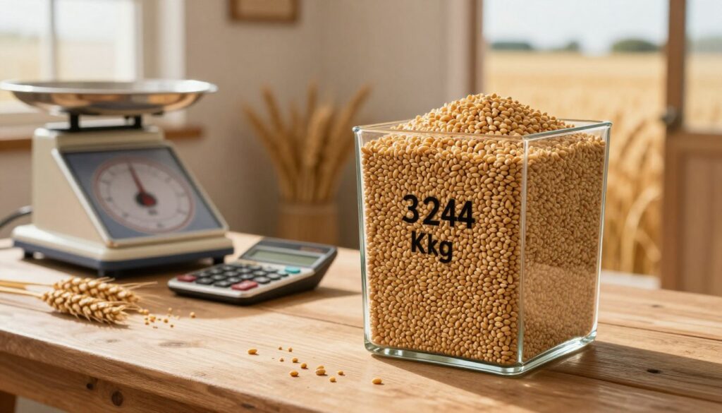 An informative scene depicting a cubic meter of wheat, showcasing a precise conversion from cubic meters to kilograms and tons. In the foreground, a clear glass container filled with golden wheat grains, highlighted by soft sunlight pouring through a nearby window, reflecting on the glass surface. In the middle ground, a wooden table partially covered with measurement tools like a scale and a calculator, suggesting a quick calculation process. The background features a rustic environment with a subtle agricultural theme, such as a field of wheat visible through an open door. The atmosphere should be warm and inviting, emphasizing the significance of accurate measurements in the transport and sale of wheat. No text or labels included.