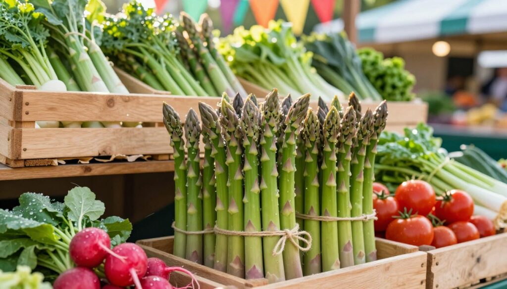 Freshly harvested asparagus in a vibrant farmer's market setting, showcasing crisp, green spears with dewdrops glistening in soft morning light. In the foreground, a neatly arranged bunch of asparagus tied with a twine, surrounded by vibrant seasonal vegetables like radishes and cherry tomatoes. The middle layer features wooden crates filled with freshly picked produce, while the background showcases a whimsical market stall with colorful banners and lush greenery. The lighting is warm and inviting, emulating a late spring morning that enhances the freshness of the vegetables. The atmosphere is lively yet tranquil, reflecting the joy of seasonal eating and the importance of selecting the finest produce. No text or logos are included. Freshly harvested asparagus in a vibrant farmer's market setting, showcasing crisp, green spears with dewdrops glistening in soft morning light. In the foreground, a neatly arranged bunch of asparagus tied with a twine, surrounded by vibrant seasonal vegetables like radishes and cherry tomatoes. The middle layer features wooden crates filled with freshly picked produce, while the background showcases a whimsical market stall with colorful banners and lush greenery. The lighting is warm and inviting, emulating a late spring morning that enhances the freshness of the vegetables. The atmosphere is lively yet tranquil, reflecting the joy of seasonal eating and the importance of selecting the finest produce. No text or logos are included.