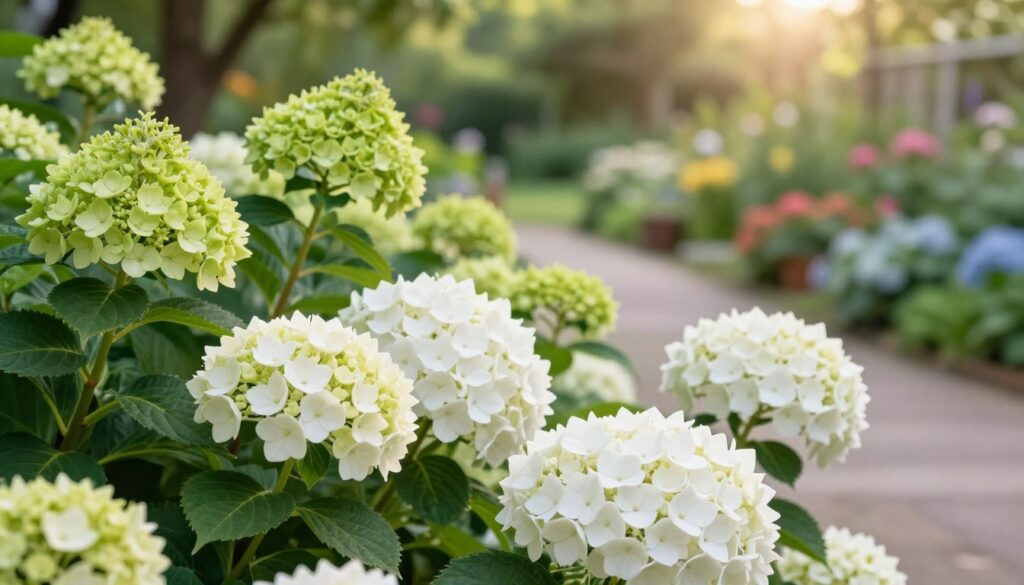 A beautiful display of Hydrangea paniculata blooms, specifically the varieties “Polar Bear” and “Limelight,” arranged in a lush garden setting. In the foreground, focus on large, white, fluffy clusters of Polar Bear hydrangeas alongside the conical lime-green blooms of Limelight hydrangeas, emphasizing their intricate petals and textures. The middle ground showcases a softly blurred garden path, lined with verdant green leaves and hints of other colorful flowering plants. In the background, a gentle sunlight filters through the trees, casting a warm, inviting glow over the scene. Use a shallow depth of field to draw attention to the flowers, capturing the fresh, vibrant atmosphere of a summer garden. The mood is calm and serene, perfect for comparing the beauty of these two distinct hydrangea varieties.