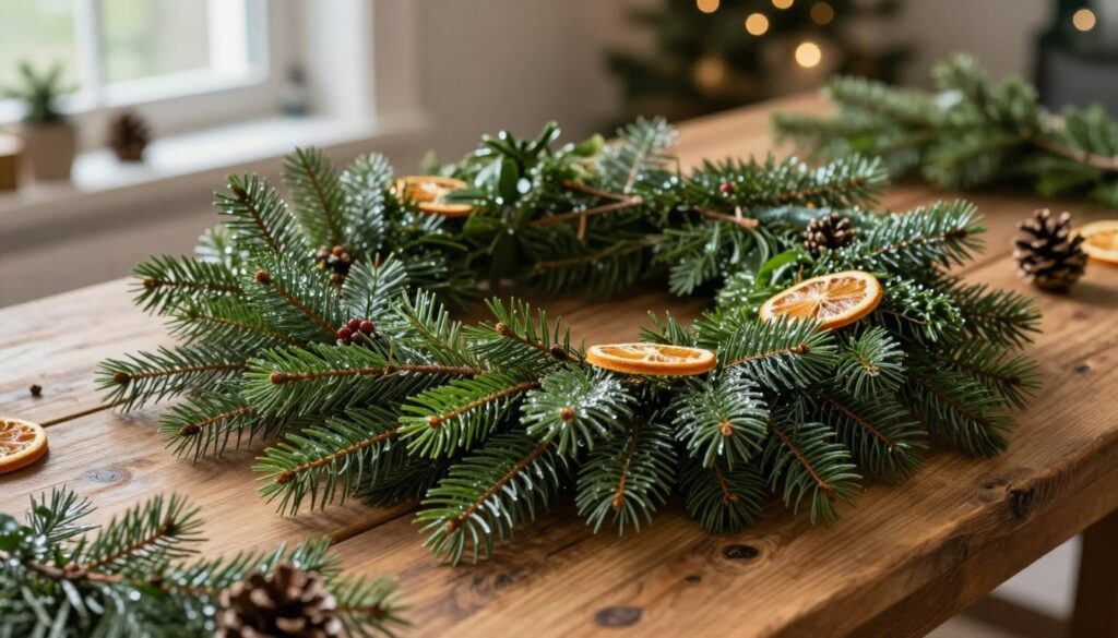 A beautifully arranged collection of fresh green spruce branches (gałązki) artfully displayed on a rustic wooden table. In the foreground, the vibrant needles glisten with morning dew, showcasing their lush texture. In the middle ground, there are subtle hints of other natural materials like pine cones and dried orange slices, enhancing the earthy tone of the composition. The background features a softly blurred, cozy room decorated for the holidays, with warm, ambient lighting that creates a welcoming atmosphere. The scene captures the essence of a crafting space, inviting viewers to envision creating a stunning evergreen garland. The shot is taken from a slightly elevated angle, allowing for a comprehensive view of the materials, accentuated by natural sunlight filtering through a nearby window. The mood is serene and festive, perfect for inspiring creativity. A beautifully arranged collection of fresh green spruce branches (gałązki) artfully displayed on a rustic wooden table. In the foreground, the vibrant needles glisten with morning dew, showcasing their lush texture. In the middle ground, there are subtle hints of other natural materials like pine cones and dried orange slices, enhancing the earthy tone of the composition. The background features a softly blurred, cozy room decorated for the holidays, with warm, ambient lighting that creates a welcoming atmosphere. The scene captures the essence of a crafting space, inviting viewers to envision creating a stunning evergreen garland. The shot is taken from a slightly elevated angle, allowing for a comprehensive view of the materials, accentuated by natural sunlight filtering through a nearby window. The mood is serene and festive, perfect for inspiring creativity.