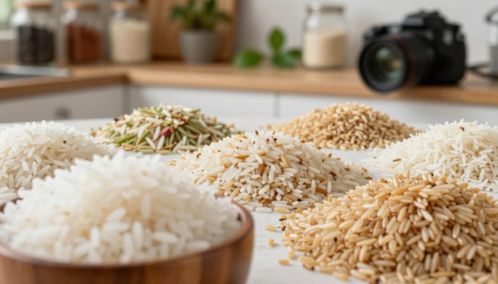A beautifully arranged display of different rice varieties, showcasing white rice, brown rice, and popular grain types like Jasmine and Basmati. In the foreground, a close-up of a wooden bowl filled with fluffy white rice and a contrasting heap of nutrient-rich brown rice, both gleaming under soft, natural light. In the middle, scattered grains of Jasmine and Basmati rice create an elegant visual texture, emphasizing their unique shapes and colors. The background features a blurred rustic kitchen setting with wooden shelves, jars filled with spices, and green herbs to enhance the natural feel. The atmosphere is warm and inviting, perfect for an article about rice types and their processing. Use a shallow depth of field to emphasize the rice while softly blurring the background, and capture the image with a DSLR camera for high detail and clarity. A beautifully arranged display of different rice varieties, showcasing white rice, brown rice, and popular grain types like Jasmine and Basmati. In the foreground, a close-up of a wooden bowl filled with fluffy white rice and a contrasting heap of nutrient-rich brown rice, both gleaming under soft, natural light. In the middle, scattered grains of Jasmine and Basmati rice create an elegant visual texture, emphasizing their unique shapes and colors. The background features a blurred rustic kitchen setting with wooden shelves, jars filled with spices, and green herbs to enhance the natural feel. The atmosphere is warm and inviting, perfect for an article about rice types and their processing. Use a shallow depth of field to emphasize the rice while softly blurring the background, and capture the image with a DSLR camera for high detail and clarity.