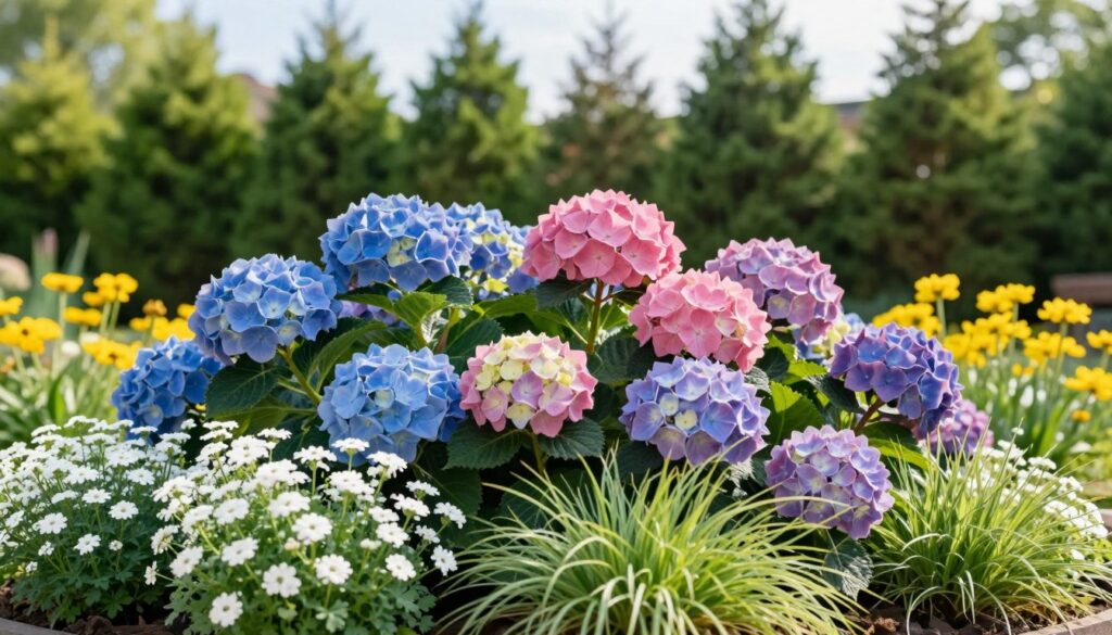 A beautifully arranged garden scene showcasing vibrant hydrangeas in full bloom, their large, rounded clusters of petals in shades of blue and pink dominating the foreground. In front of the hydrangeas, plant low-growing perennials like delicate white alyssum and cheerful yellow coreopsis that elegantly frame the hydrangeas without overshadowing them. Add soft green foliage of small ornamental grasses for texture. The background features a gently blurred backdrop of tall, leafy shrubs under a bright, sunny sky, casting a warm, inviting light. Use a shallow depth of field to draw focus to the colorful flowers while keeping the overall scene fresh and lively, evoking a tranquil and harmonious garden atmosphere.