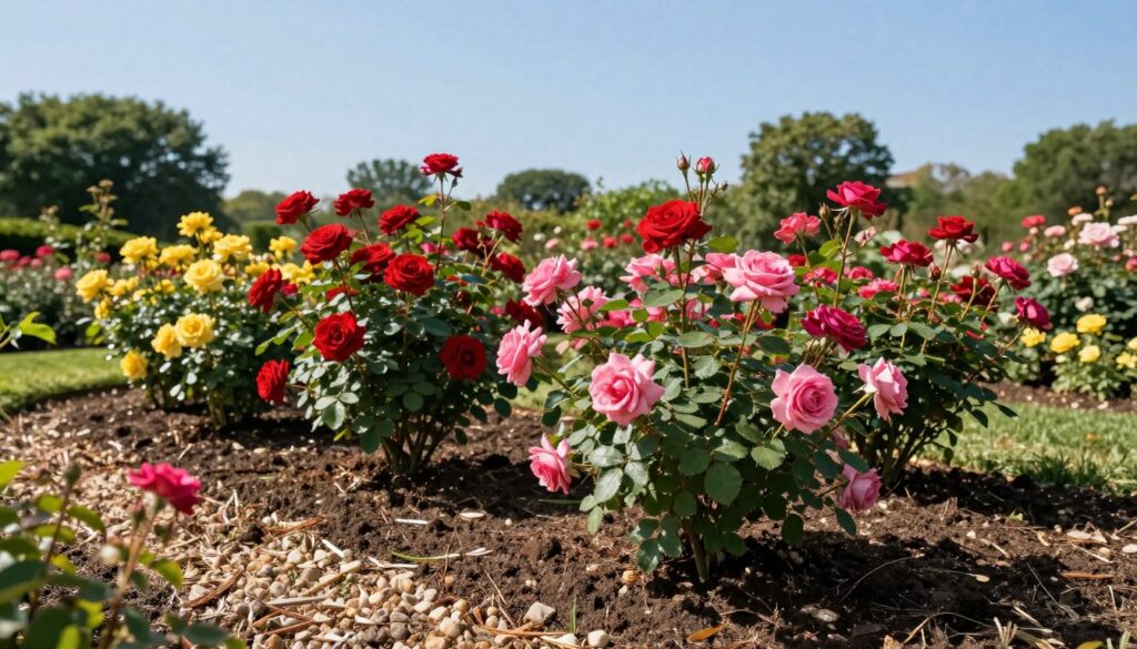 A beautifully arranged rose garden plot under a clear blue sky, showcasing healthy, vibrant rose bushes in various colors including red, pink, and yellow, demonstrating the ideal conditions for planting roses. In the foreground, rich, dark loamy soil is visible, with a mixture of organic materials, small pebbles, and mulch supporting the plants. The middle ground features the rose bushes thriving, surrounded by a border of green foliage and small flowering plants. The background includes soft-focus trees, adding depth to the scene. The sunlight filters through, casting gentle highlights on the petals and creating a warm, inviting atmosphere. The image is captured from an angle that emphasizes the structured arrangement of the garden, providing a sense of depth and lushness. A beautifully arranged rose garden plot under a clear blue sky, showcasing healthy, vibrant rose bushes in various colors including red, pink, and yellow, demonstrating the ideal conditions for planting roses. In the foreground, rich, dark loamy soil is visible, with a mixture of organic materials, small pebbles, and mulch supporting the plants. The middle ground features the rose bushes thriving, surrounded by a border of green foliage and small flowering plants. The background includes soft-focus trees, adding depth to the scene. The sunlight filters through, casting gentle highlights on the petals and creating a warm, inviting atmosphere. The image is captured from an angle that emphasizes the structured arrangement of the garden, providing a sense of depth and lushness.