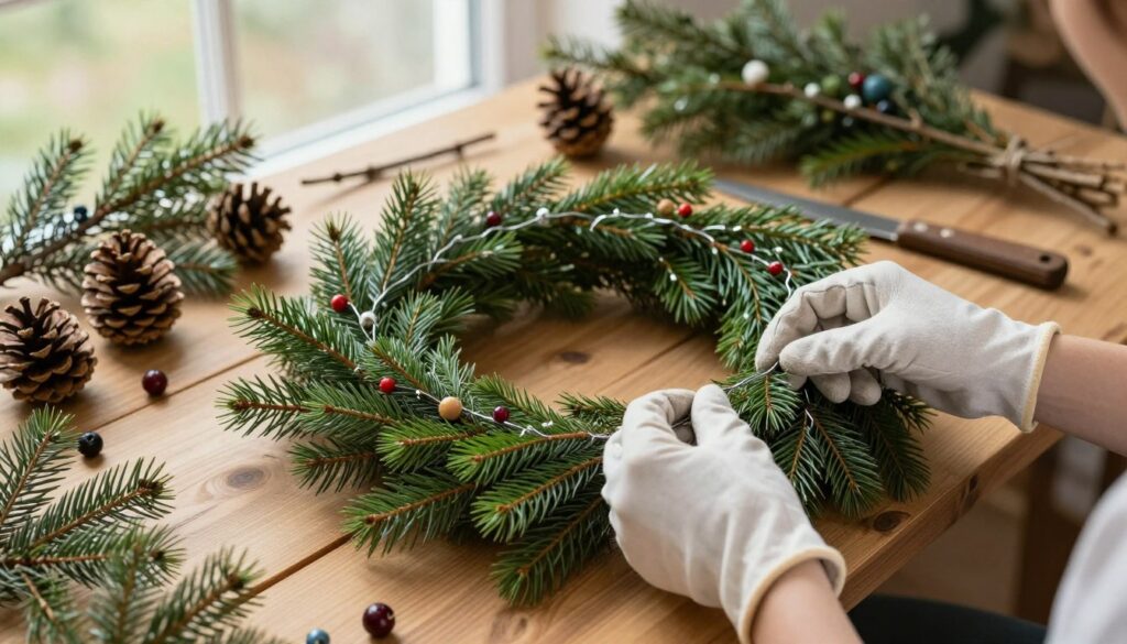 A beautifully arranged step-by-step scene depicting the process of creating a spruce garland using wire string. In the foreground, a pair of hands, wearing modest gloves, skillfully twisting together fresh green spruce branches with wire, showcasing the technique. The middle ground features an aesthetically pleasing display of various natural elements—pinecones, twigs, and decorative berries scattered alongside the crafting materials. In the background, soft, diffused natural light filters through a cozy workspace filled with rustic wooden surfaces, enhancing a warm and inviting atmosphere. The overall mood is peaceful and creative, with an emphasis on craftsmanship and the beauty of nature, perfect for illustrating a DIY project. A beautifully arranged step-by-step scene depicting the process of creating a spruce garland using wire string. In the foreground, a pair of hands, wearing modest gloves, skillfully twisting together fresh green spruce branches with wire, showcasing the technique. The middle ground features an aesthetically pleasing display of various natural elements—pinecones, twigs, and decorative berries scattered alongside the crafting materials. In the background, soft, diffused natural light filters through a cozy workspace filled with rustic wooden surfaces, enhancing a warm and inviting atmosphere. The overall mood is peaceful and creative, with an emphasis on craftsmanship and the beauty of nature, perfect for illustrating a DIY project.