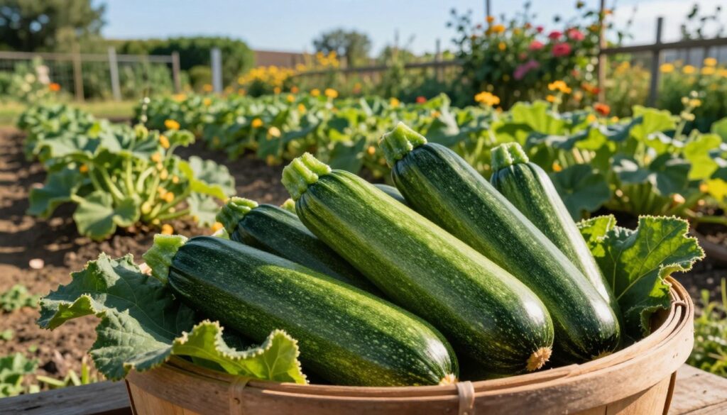 A beautifully arranged still life featuring freshly harvested zucchinis at their peak ripeness, nestled among green leaves in a rustic wooden basket. In the foreground, a few zucchinis exhibit a rich dark green hue with slight speckling, symbolizing their readiness for harvest. The middle ground showcases a sun-drenched garden with rows of vibrant green zucchini plants flourishing under a clear blue sky, casting soft shadows on the soil. The background highlights a fence adorned with climbing flowers, creating a warm and inviting atmosphere. The lighting is soft and natural, suggesting a late afternoon sun, enhancing the fresh, organic feel of the scene. The overall mood is serene and bountiful, capturing the essence of peak zucchini harvesting season.