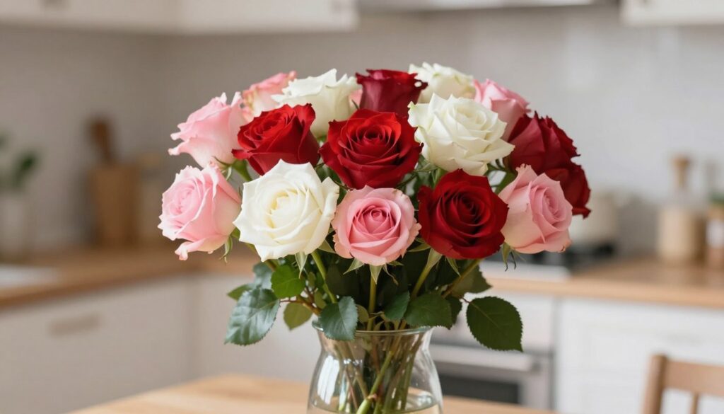 A beautifully arranged vase filled with fresh, vibrant roses, showcasing a variety of colors including deep reds, soft pinks, and bright whites. The roses have a few leaves still attached, hinting at their recent struggle for water, yet they radiate freshness and vitality. In the foreground, the vase is elegantly designed, perhaps made of clear glass, reflecting soft natural light that highlights the delicate petals. In the middle ground, there are soft bokeh effects that create a dreamy atmosphere, while in the background, a softly blurred kitchen setting adds depth. The overall mood is serene and uplifting, with warm, inviting light creating an intimate and comforting scene. A beautifully arranged vase filled with fresh, vibrant roses, showcasing a variety of colors including deep reds, soft pinks, and bright whites. The roses have a few leaves still attached, hinting at their recent struggle for water, yet they radiate freshness and vitality. In the foreground, the vase is elegantly designed, perhaps made of clear glass, reflecting soft natural light that highlights the delicate petals. In the middle ground, there are soft bokeh effects that create a dreamy atmosphere, while in the background, a softly blurred kitchen setting adds depth. The overall mood is serene and uplifting, with warm, inviting light creating an intimate and comforting scene.