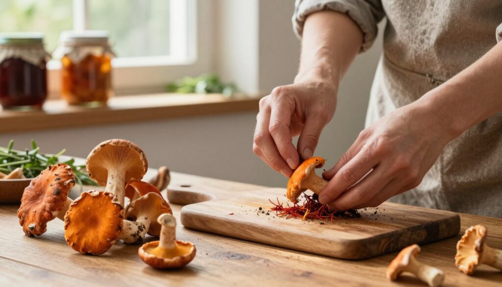 A beautifully composed image depicting the process of cleaning saffron milk caps (rydz) in a rustic kitchen setting. In the foreground, a wooden table is adorned with freshly harvested rydze, their vibrant orange caps contrasting with subtle earthy tones. A person in modest, casual clothing is gently brushing dirt off the mushrooms, with a focus on their delicate textures. In the middle ground, natural light streams through a window, creating soft shadows that add depth to the scene. On the background shelves, jars of preserves and herbs suggest a connection to the natural ingredients. The warm, inviting atmosphere evokes a sense of homeliness and culinary tradition, emphasizing the care involved in handling these wild mushrooms. A beautifully composed image depicting the process of cleaning saffron milk caps (rydz) in a rustic kitchen setting. In the foreground, a wooden table is adorned with freshly harvested rydze, their vibrant orange caps contrasting with subtle earthy tones. A person in modest, casual clothing is gently brushing dirt off the mushrooms, with a focus on their delicate textures. In the middle ground, natural light streams through a window, creating soft shadows that add depth to the scene. On the background shelves, jars of preserves and herbs suggest a connection to the natural ingredients. The warm, inviting atmosphere evokes a sense of homeliness and culinary tradition, emphasizing the care involved in handling these wild mushrooms.