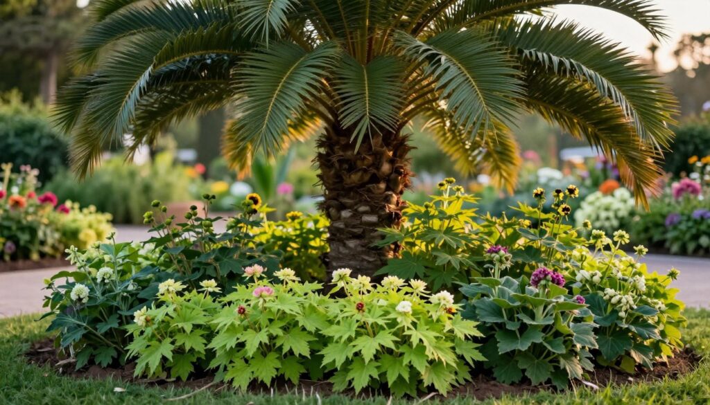 A beautifully designed garden featuring vibrant perennials growing beneath a graceful palm maple tree. In the foreground, lush and leafy perennials in various shades of green, with delicate flowers peeking through the foliage, create a lively texture. The middle ground showcases the gnarled trunk and broad, fan-like leaves of the palm maple, providing a striking contrast to the softer forms of the perennials. The background features a soft-focus, blurred garden scene, with hints of colorful blooms adding depth. The lighting is soft and warm, capturing the golden hour glow, lending a serene and inviting atmosphere. A low-angle shot emphasizes the majestic height of the palm maple, while the gentle rustling of leaves suggests a tranquil breeze. A beautifully designed garden featuring vibrant perennials growing beneath a graceful palm maple tree. In the foreground, lush and leafy perennials in various shades of green, with delicate flowers peeking through the foliage, create a lively texture. The middle ground showcases the gnarled trunk and broad, fan-like leaves of the palm maple, providing a striking contrast to the softer forms of the perennials. The background features a soft-focus, blurred garden scene, with hints of colorful blooms adding depth. The lighting is soft and warm, capturing the golden hour glow, lending a serene and inviting atmosphere. A low-angle shot emphasizes the majestic height of the palm maple, while the gentle rustling of leaves suggests a tranquil breeze.