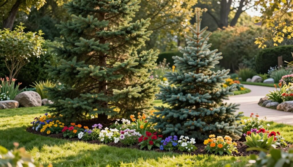 A beautifully designed garden scene showcasing the aesthetic appeal of an Abies tree (fir) and a Picea tree (spruce). In the foreground, a lush carpet of vibrant green grass leads to a carefully arranged flower bed with colorful blooms that complement the trees. The middle ground features a tall, majestic fir tree standing upright beside a gracefully spreading spruce, both positioned thoughtfully to enhance visual harmony. In the background, a soft focus of a peaceful garden path winds through the landscape, lined with decorative stones. The scene is illuminated by warm, golden sunlight filtering through the leaves, casting gentle shadows and creating a serene, inviting atmosphere, perfect for garden design inspiration. A beautifully designed garden scene showcasing the aesthetic appeal of an Abies tree (fir) and a Picea tree (spruce). In the foreground, a lush carpet of vibrant green grass leads to a carefully arranged flower bed with colorful blooms that complement the trees. The middle ground features a tall, majestic fir tree standing upright beside a gracefully spreading spruce, both positioned thoughtfully to enhance visual harmony. In the background, a soft focus of a peaceful garden path winds through the landscape, lined with decorative stones. The scene is illuminated by warm, golden sunlight filtering through the leaves, casting gentle shadows and creating a serene, inviting atmosphere, perfect for garden design inspiration.
