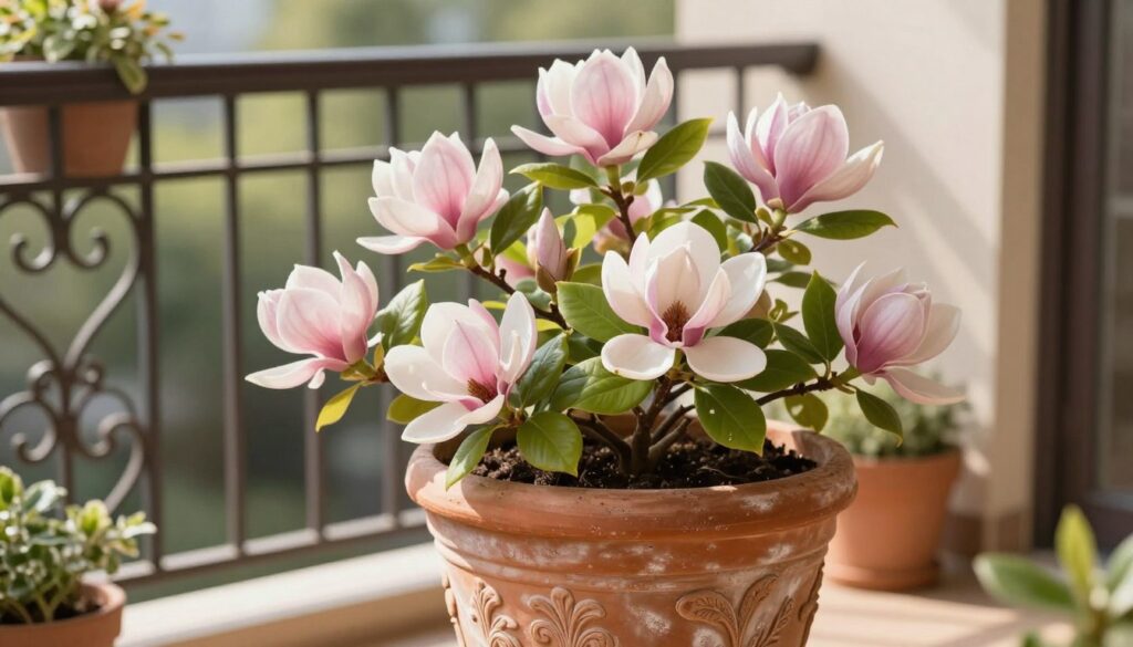 A beautifully designed planter for magnolias, featuring a rustic terracotta finish adorned with intricate carvings that enhance its natural appeal, situated on a cozy balcony. In the foreground, the planter is filled with lush, vibrant magnolia leaves and delicate, blooming flowers, showcasing their soft pink and white hues. The middle ground captures the balcony setting, complete with wrought iron railings and hints of complementary potted plants, creating a harmonious environment. In the background, gentle sunlight filters through greenery, casting warm, inviting shadows across the scene. The overall mood is serene and tranquil, inviting viewers to appreciate the beauty of magnolias thriving in their container. The image is captured with a soft focus, evoking a peaceful atmosphere, perfect for a gardening enthusiast's article.
