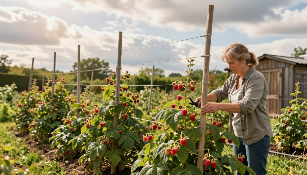 A beautifully landscaped raspberry garden, showcasing healthy raspberry bushes thriving with vibrant red fruit ready for harvest. In the foreground, well-organized vertical supports made from wood and twine, holding up the plants for optimal growth. The middle ground features a gardener, dressed in a modest casual outfit, gently pruning the bushes with a pair of gardening shears. Sunlight filters through soft, fluffy clouds, casting a warm, inviting glow over the scene. In the background, a wooden garden shed and lush greenery add to the tranquil atmosphere of a productive garden. The composition emphasizes the importance of structure and care in cultivating raspberries, capturing a serene and nurturing gardening experience. A beautifully landscaped raspberry garden, showcasing healthy raspberry bushes thriving with vibrant red fruit ready for harvest. In the foreground, well-organized vertical supports made from wood and twine, holding up the plants for optimal growth. The middle ground features a gardener, dressed in a modest casual outfit, gently pruning the bushes with a pair of gardening shears. Sunlight filters through soft, fluffy clouds, casting a warm, inviting glow over the scene. In the background, a wooden garden shed and lush greenery add to the tranquil atmosphere of a productive garden. The composition emphasizes the importance of structure and care in cultivating raspberries, capturing a serene and nurturing gardening experience.