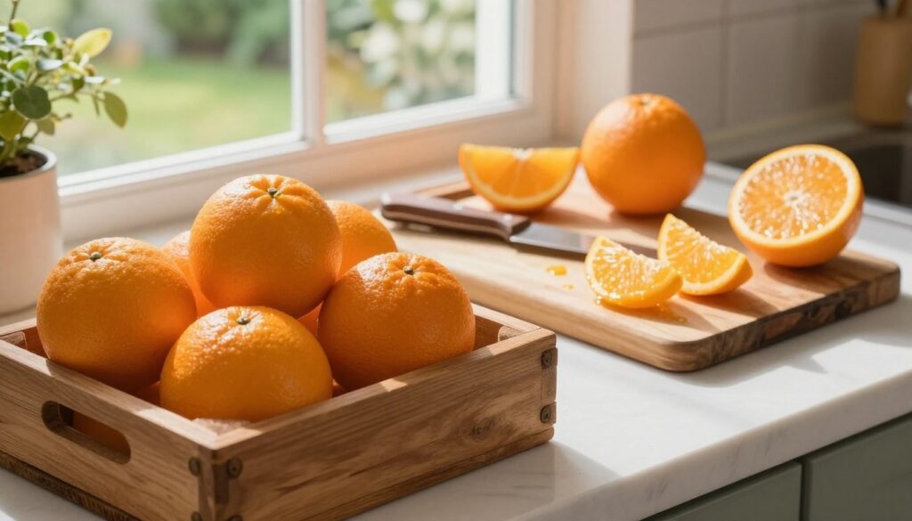 A beautifully organized kitchen countertop with fresh, vibrant oranges displayed in an aesthetically pleasing manner. In the foreground, a rustic wooden crate filled with plump, juicy oranges, some partially peeled to showcase their bright, zesty colors. The middle of the scene features a vintage cutting board with a knife and a few segments of orange, glistening with juice under soft, warm natural lighting. In the background, a kitchen window reveals a sunlit garden, creating an inviting and cheerful ambiance. The atmosphere is fresh and homely, evoking a sense of warmth and comfort, perfect for conveying the message of preserving the taste of oranges for longer. Capture this scene from a slightly elevated angle to provide a clear view of the oranges and the organized setting.