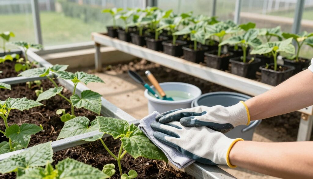 A bright and inviting greenhouse filled with vibrant green cucumber plants, showcasing the essential steps of cleaning and disinfecting before the planting season. In the foreground, a pair of hands wearing gardening gloves gently wipe down a metal greenhouse frame with a cloth. The middle ground features neatly organized gardening tools and a bucket filled with disinfecting solution. Sunlight streams through the glass panels, casting soft shadows and creating a warm, productive atmosphere. In the background, rows of healthy cucumber seedlings are potted and arranged on a sturdy bench, symbolizing readiness for planting. The overall mood conveys a sense of preparation, care, and connection with nature, emphasizing the importance of cleanliness in gardening.