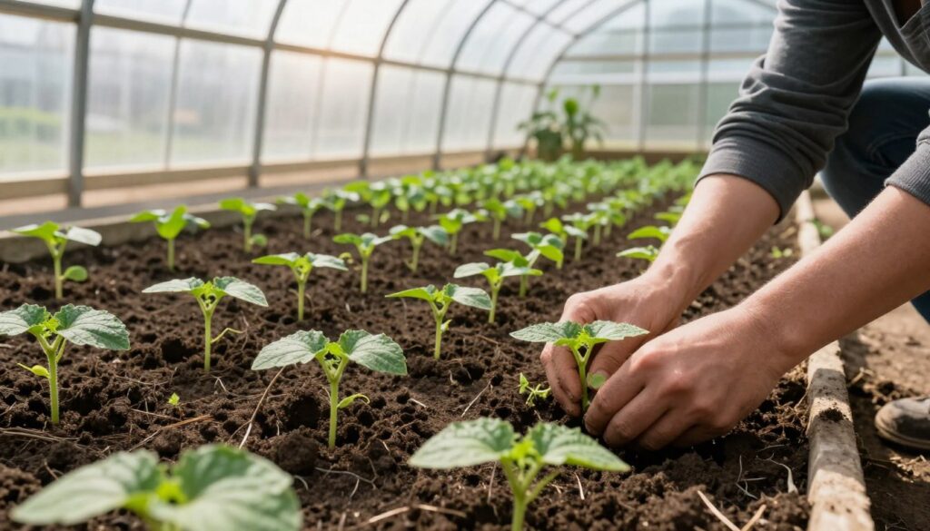 A bright and spacious greenhouse filled with vibrant green cucumber seedlings being planted into rich, dark soil. In the foreground, hands of a gardener, dressed in modest casual clothing, carefully placing young cucumber plants in rows. The middle ground reveals neatly spaced seedlings adorned with small leaves. In the background, sunlight streams through the translucent glass panels, illuminating the greenhouse and casting soft shadows. The atmosphere conveys a sense of growth and nurturing, with hints of warmth and life as fresh green tendrils reach towards the light. The scene captures the essence of planting in a greenhouse, emphasizing the connection between plants and their environment, in a serene and productive setting.