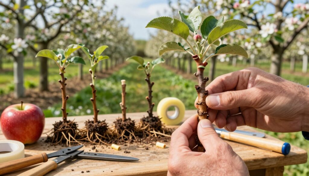 A close-up composition of apple grafting techniques, focusing on the "zrazy podkładki" with precision. In the foreground, showcase a skilled gardener's hands holding a healthy scion ready for grafting, with detailed textures of the bark and leaves. The middle layer includes a vibrant selection of apple tree rootstocks, displaying various stages of growth and health, surrounded by essential tools like grafting knives and tape. In the background, a sunny orchard stretches out, filled with blooming apple trees under a blue sky, creating a warm and inviting atmosphere. Soft, natural lighting highlights the intricate details of the grafting process, evoking a sense of purpose and dedication in horticulture. The angle captures the action, emphasizing the connection between the gardener and the plant materials. A close-up composition of apple grafting techniques, focusing on the "zrazy podkładki" with precision. In the foreground, showcase a skilled gardener's hands holding a healthy scion ready for grafting, with detailed textures of the bark and leaves. The middle layer includes a vibrant selection of apple tree rootstocks, displaying various stages of growth and health, surrounded by essential tools like grafting knives and tape. In the background, a sunny orchard stretches out, filled with blooming apple trees under a blue sky, creating a warm and inviting atmosphere. Soft, natural lighting highlights the intricate details of the grafting process, evoking a sense of purpose and dedication in horticulture. The angle captures the action, emphasizing the connection between the gardener and the plant materials.
