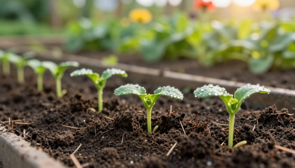 A close-up image of freshly sown zucchini seeds positioned in rich, dark soil, illustrating the early stages of zucchini cultivation. In the foreground, the soil texture is visible, showcasing small, delicate sprouts beginning to emerge. The middle ground features tiny green seedlings with their first leaves unfurling, glistening with morning dew under soft, natural sunlight. The background captures a serene garden scene with blurred, lush green plants and hints of colorful flowers, suggesting a thriving vegetable garden. The overall atmosphere is calm and nurturing, evoking a sense of growth and the vitality of nature. The lighting is warm and inviting, highlighting the freshness of springtime gardening. The image focuses solely on the zucchini seeds and seedlings, with no human presence.