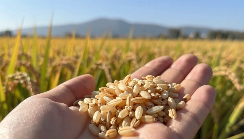 A close-up of Peruvian rice grains, showcasing their distinct characteristics: elongated, shiny, and slightly translucent with a creamy hue. In the foreground, a handful of cultivated rice is gently cradled in a hand, emphasizing the texture and uniqueness of this specific variety. The middle ground features a lush rice field swaying in the breeze under bright sunlight, capturing the essence of its natural habitat. The background displays distant mountains under a clear blue sky, adding depth to the composition. Warm, golden-hour lighting bathes the scene, creating a peaceful and harmonious atmosphere. The image should evoke a sense of connection between nature and agriculture, emphasizing the rich cultural significance of rice as a staple food. A close-up of Peruvian rice grains, showcasing their distinct characteristics: elongated, shiny, and slightly translucent with a creamy hue. In the foreground, a handful of cultivated rice is gently cradled in a hand, emphasizing the texture and uniqueness of this specific variety. The middle ground features a lush rice field swaying in the breeze under bright sunlight, capturing the essence of its natural habitat. The background displays distant mountains under a clear blue sky, adding depth to the composition. Warm, golden-hour lighting bathes the scene, creating a peaceful and harmonious atmosphere. The image should evoke a sense of connection between nature and agriculture, emphasizing the rich cultural significance of rice as a staple food.