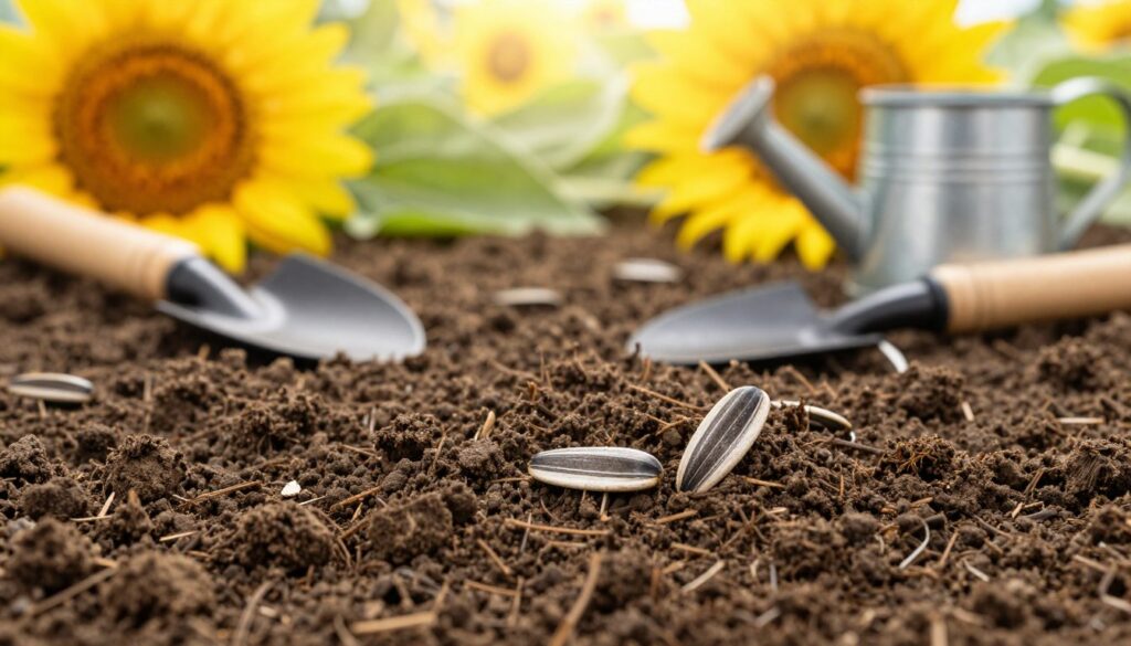 A close-up of sunflower seeds scattered on a rich, dark brown soil surface, highlighting their natural textures and shapes. In the foreground, a few seeds have been gently pushed into the soil, suggesting the act of planting. The middle ground features small garden tools, like a trowel and watering can, ready for use. In the background, soft sunlight filters through leafy green sunflowers, creating a warm and inviting atmosphere. The scene conveys eagerness and anticipation for the growth process. The colors should be vivid, with a focus on earthy browns and vibrant yellow-greens, capturing the essence of gardening. The image should have a gentle, soft-focus effect to evoke a harmonious outdoor setting, ideal for planting sunflowers.