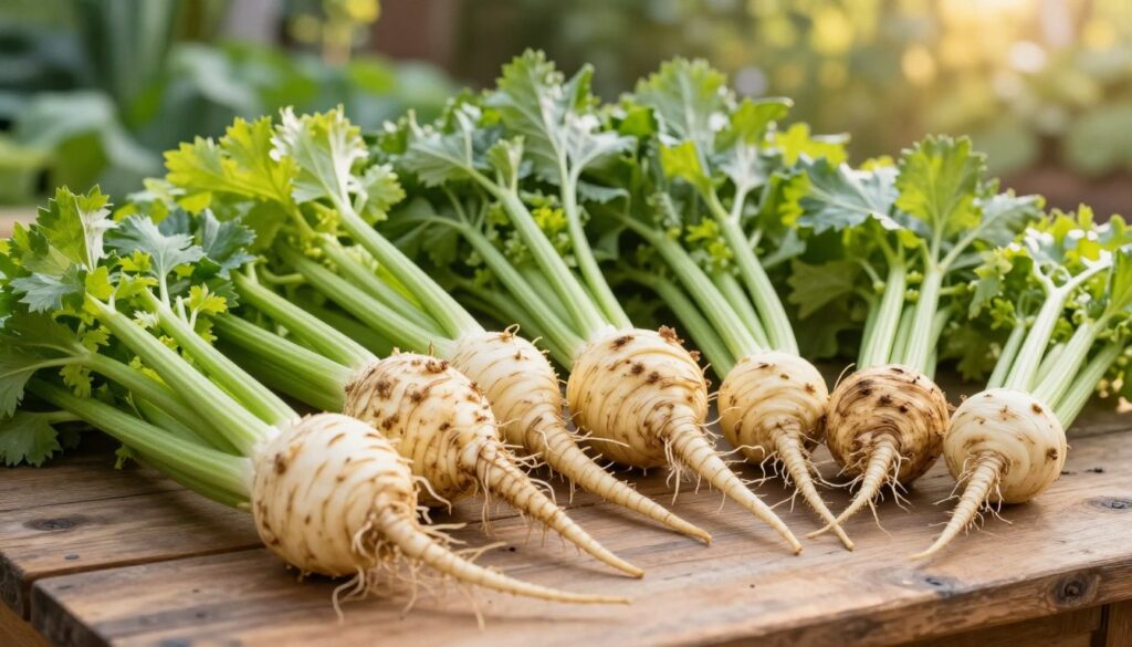 A close-up of various root celery cultivars arranged artistically on a rustic wooden table, showcasing their unique textures and colors. In the foreground, highlight the small, round, and chunky celery roots with vibrant green tops, along with some slender, elongated varieties. In the middle, display a mixture of sizes and shapes, illustrating the diversity of these cultivars. The background features a blurred garden scene, hinting at an outdoor setting with soft sunlight filtering through leafy greens, creating a warm and inviting atmosphere. Use natural lighting to accentuate the earthy tones and subtle details of the celery roots, captured at a slightly elevated angle for depth. The overall mood should feel fresh, organic, and connected to gardening.