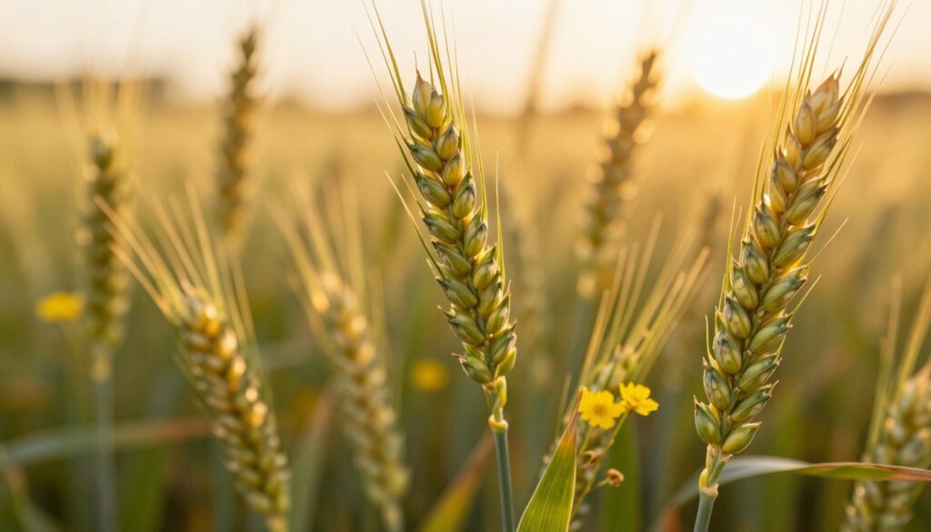 A close-up of wheat spikes at the flowering stage, capturing the intricate details of developing grains within the ears. In the foreground, focus on the vibrant green husks and delicate yellow flowers that mark the peak of blooming. The middle ground should showcase the transition of small, pale grains forming in the kłos, hinting at their growth and future maturation. In the background, a softly blurred field of waving wheat under a warm, golden sunset casts a serene glow, emphasizing a sense of fertility and abundance. Use soft, diffused lighting to create an inviting atmosphere, highlighting the textures and colors of the wheat. The image should evoke a feeling of growth and potential, free from any text, logos, or watermarks. A close-up of wheat spikes at the flowering stage, capturing the intricate details of developing grains within the ears. In the foreground, focus on the vibrant green husks and delicate yellow flowers that mark the peak of blooming. The middle ground should showcase the transition of small, pale grains forming in the kłos, hinting at their growth and future maturation. In the background, a softly blurred field of waving wheat under a warm, golden sunset casts a serene glow, emphasizing a sense of fertility and abundance. Use soft, diffused lighting to create an inviting atmosphere, highlighting the textures and colors of the wheat. The image should evoke a feeling of growth and potential, free from any text, logos, or watermarks.