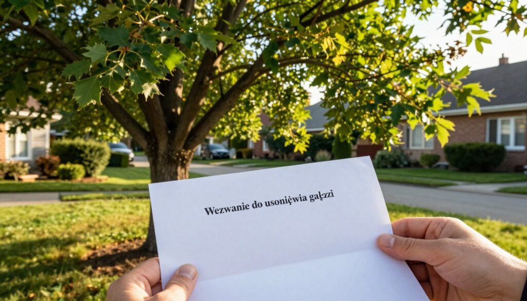 A close-up scene depicting a neighbor's tree with prominent branches extending into a residential yard. The foreground features a pair of hands holding a formal letter titled "Wezwanie do usunięcia gałęzi," with a focus on the elegant handwriting. In the middle, the tree's overhanging branches are lush and green, illustrating the encroachment into the space, with leaves gently rustling as if in the breeze. The background shows a well-maintained suburban garden, bathed in warm, late afternoon sunlight casting soft shadows. The atmosphere is tense yet professional, embodying a sense of neighborly confrontation and resolution.