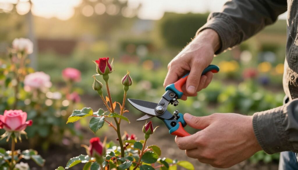 A close-up scene of a gardener carefully pruning a rose bush in early spring, focusing on the vibrant red and pink rose buds emerging from the stems. The gardener, dressed in modest casual clothing, is using sharp pruning shears, demonstrating proper technique to enhance the plant's recovery. In the foreground, show the shiny blades of the shears reflecting the sunlight, while the background features a garden with blooming flowers and lush green foliage, bathed in soft golden hour light. The atmosphere is serene and hopeful, capturing the essence of nurturing and regrowth. Use a shallow depth of field to emphasize the pruning action, creating a beautiful bokeh effect of the garden behind. A close-up scene of a gardener carefully pruning a rose bush in early spring, focusing on the vibrant red and pink rose buds emerging from the stems. The gardener, dressed in modest casual clothing, is using sharp pruning shears, demonstrating proper technique to enhance the plant's recovery. In the foreground, show the shiny blades of the shears reflecting the sunlight, while the background features a garden with blooming flowers and lush green foliage, bathed in soft golden hour light. The atmosphere is serene and hopeful, capturing the essence of nurturing and regrowth. Use a shallow depth of field to emphasize the pruning action, creating a beautiful bokeh effect of the garden behind.