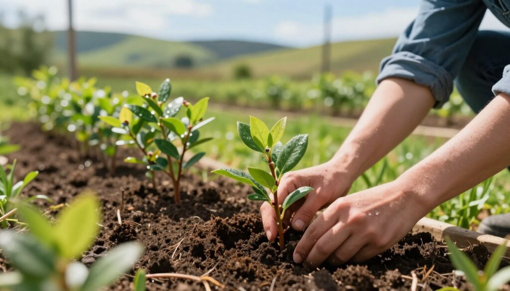 A close-up scene of a gardener planting blueberry bushes in a lush green garden. In the foreground, show hands gently placing a small blueberry plant into moist soil, with rich, dark earth and tiny droplets of water glistening in the sunlight. The middle ground features a row of freshly planted blueberry bushes, their vibrant green leaves indicating early spring growth. In the background, a softly blurred landscape of rolling hills and a clear blue sky enhances the serene atmosphere. Use warm, natural lighting to create a welcoming ambiance, accentuating the gardener’s careful attention to detail. Capture the mood of hope and nurturing in this horticultural endeavor, illustrating the steps of planting blueberries with care and precision. A close-up scene of a gardener planting blueberry bushes in a lush green garden. In the foreground, show hands gently placing a small blueberry plant into moist soil, with rich, dark earth and tiny droplets of water glistening in the sunlight. The middle ground features a row of freshly planted blueberry bushes, their vibrant green leaves indicating early spring growth. In the background, a softly blurred landscape of rolling hills and a clear blue sky enhances the serene atmosphere. Use warm, natural lighting to create a welcoming ambiance, accentuating the gardener’s careful attention to detail. Capture the mood of hope and nurturing in this horticultural endeavor, illustrating the steps of planting blueberries with care and precision.
