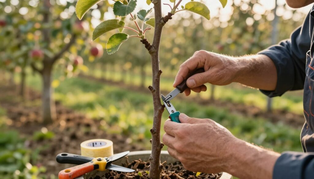 A close-up scene showcasing an expert horticulturist performing the grafting technique on an apple tree sapling. The foreground features well-worn gardening tools like a grafting knife and tape, placed next to the sapling. The middle section highlights the horticulturist's hands skillfully making a clean cut on the tree’s branch, emphasizing precision and care. In the background, a lush orchard of apple trees basks in soft, warm sunlight, creating a serene atmosphere. Golden hour lighting casts gentle shadows, enhancing the textures of the bark and leaves while giving a sense of hope and growth. The entire image portrays a sense of dedication, expertise, and the beauty of nature coming together in fruitful harmony. A close-up scene showcasing an expert horticulturist performing the grafting technique on an apple tree sapling. The foreground features well-worn gardening tools like a grafting knife and tape, placed next to the sapling. The middle section highlights the horticulturist's hands skillfully making a clean cut on the tree’s branch, emphasizing precision and care. In the background, a lush orchard of apple trees basks in soft, warm sunlight, creating a serene atmosphere. Golden hour lighting casts gentle shadows, enhancing the textures of the bark and leaves while giving a sense of hope and growth. The entire image portrays a sense of dedication, expertise, and the beauty of nature coming together in fruitful harmony.