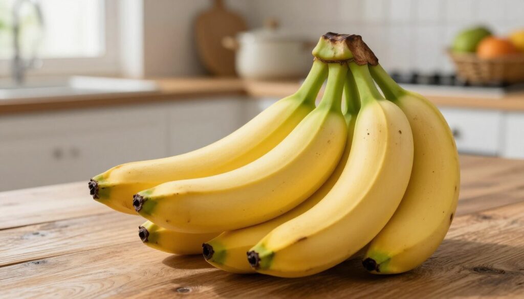 A close-up shot of a bunch of ripe bananas, showcasing their vivid yellow color with a few speckles of brown, indicating perfect ripeness. The bananas are arranged artfully on a rustic wooden table, enhancing the natural feel. Nearby, there are slightly greener bananas to signify the stages of ripeness, along with a few overripe bananas to contrast. Soft, natural light filters in from a nearby window, creating gentle shadows and highlighting the smooth texture of the banana peels. In the background, a blurred kitchen scene with pots and fruit baskets accentuates the homely atmosphere, evoking the warmth and comfort of home baking. The overall mood is fresh and inviting, focused on choosing the perfect bananas for immediate use, storage, or baking. A close-up shot of a bunch of ripe bananas, showcasing their vivid yellow color with a few speckles of brown, indicating perfect ripeness. The bananas are arranged artfully on a rustic wooden table, enhancing the natural feel. Nearby, there are slightly greener bananas to signify the stages of ripeness, along with a few overripe bananas to contrast. Soft, natural light filters in from a nearby window, creating gentle shadows and highlighting the smooth texture of the banana peels. In the background, a blurred kitchen scene with pots and fruit baskets accentuates the homely atmosphere, evoking the warmth and comfort of home baking. The overall mood is fresh and inviting, focused on choosing the perfect bananas for immediate use, storage, or baking.