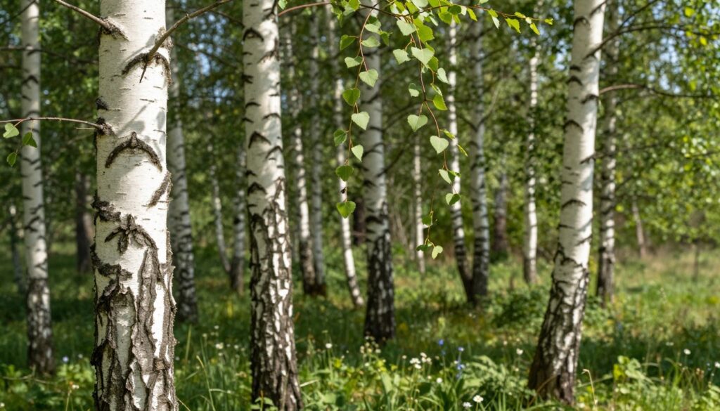 A close-up view of a Betula pendula, commonly known as the silver birch, showcasing its distinctive white bark, felted young twigs, and delicate green leaves. The foreground features the textured, peeling bark and small branches with heart-shaped leaves, illuminated by soft, dappled sunlight filtering through the foliage. In the middle ground, several young birch trees display varying heights to illustrate their growth patterns, complemented by a few scattered wildflowers at their base. The background consists of a serene forest scene, with blurred trees and a hint of blue sky peeking through. This image captures a tranquil, natural atmosphere, emphasizing the distinctive growth characteristics of the silver birch in a lush, vibrant environment.