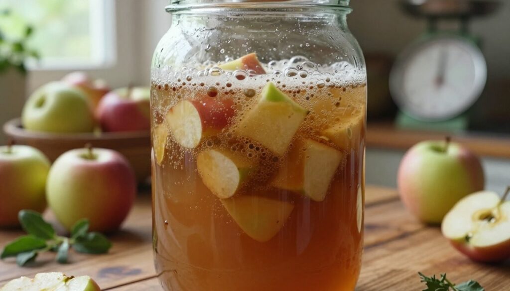 A close-up view of a clear glass jar filled with a richly colored, bubbling fermented apple mixture, showcasing pieces of decomposing apples, floating fruit bits, and a frothy surface. In the background, blurred out, a rustic wooden kitchen table filled with fresh apples, scattered herbs, and a vintage scale. Soft, natural light filters through a nearby window, creating a warm, inviting atmosphere. The foreground focuses on the dynamic texture of the fermenting liquid, with condensation on the jar's surface, capturing the essence of natural fermentation. The scene evokes a sense of homely sustainability and DIY gardening, emphasizing the transformative process of creating organic fertilizer from waste. A close-up view of a clear glass jar filled with a richly colored, bubbling fermented apple mixture, showcasing pieces of decomposing apples, floating fruit bits, and a frothy surface. In the background, blurred out, a rustic wooden kitchen table filled with fresh apples, scattered herbs, and a vintage scale. Soft, natural light filters through a nearby window, creating a warm, inviting atmosphere. The foreground focuses on the dynamic texture of the fermenting liquid, with condensation on the jar's surface, capturing the essence of natural fermentation. The scene evokes a sense of homely sustainability and DIY gardening, emphasizing the transformative process of creating organic fertilizer from waste.