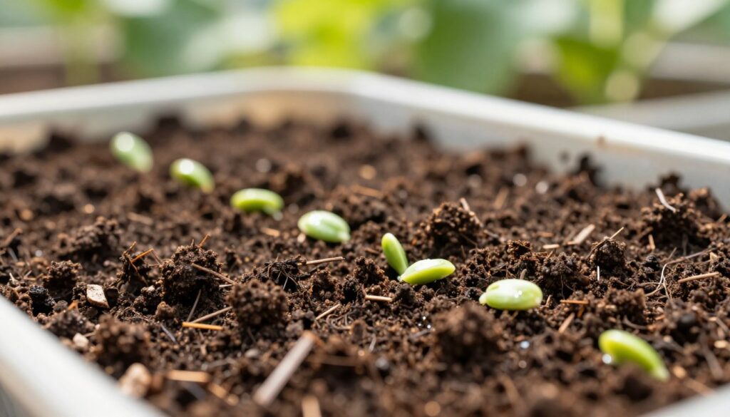 A close-up view of a container with rich, textured potting soil suitable for growing cucumbers. The foreground features the dark, crumbly earth, with visible organic materials like peat and small bits of bark, showcasing its nutrient-rich composition. In the middle ground, there are small, healthy cucumber seeds ready to be planted, glistening slightly with soil moisture. The background is softly blurred, suggesting a bright, sunny garden setting with hints of greenery and natural light filtering through, creating a warm, inviting atmosphere. The overall mood should feel fresh and optimistic, capturing the essence of preparation for planting in pots. The image should be well-lit, with a shallow depth of field to focus on the potting soil and seeds.
