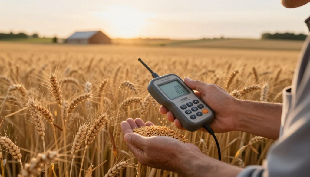 A close-up view of a farmer checking the moisture level of harvested grain, using a handheld moisture meter, in a golden wheat field during late afternoon. The foreground showcases the farmer's hands holding the meter, with grains spilling between their fingers. The middle ground features a backdrop of ripened wheat ready for harvest, with the sun setting, casting warm golden light that enhances the textures of the grains. The background includes a soft focus of a rural landscape with distant barns and rolling hills. The scene conveys a professional atmosphere of agricultural diligence and care in grain storage practices, highlighting the importance of moisture monitoring for quality preservation. Natural lighting emphasizes the beauty of the harvest season.