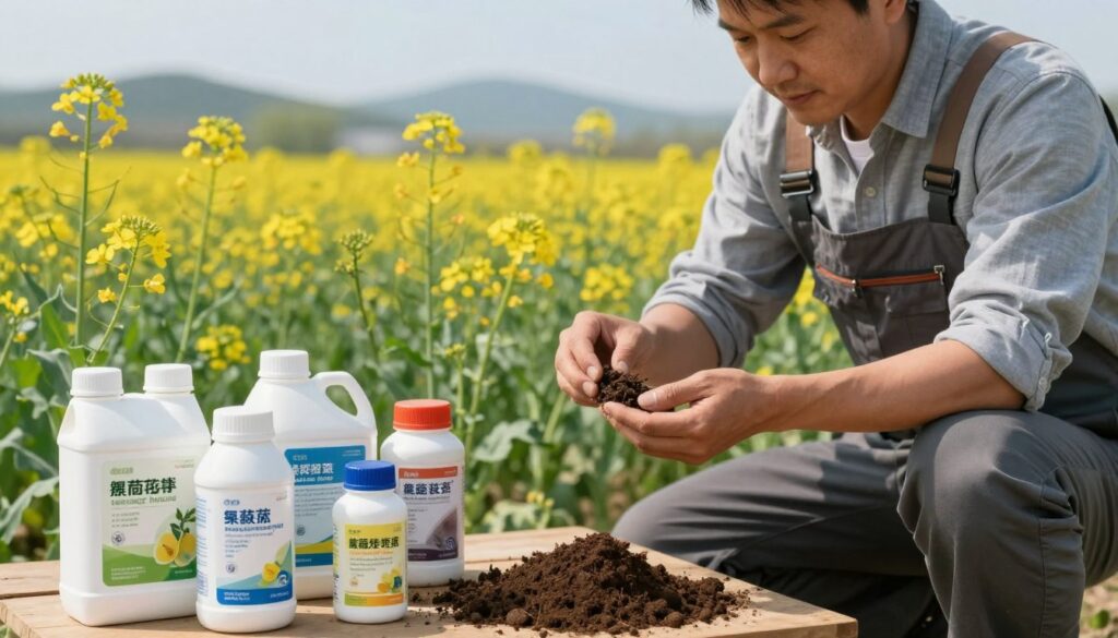 A close-up view of a farmer in professional attire, kneeling in a lush, green field inspecting soil samples. In the foreground, a variety of fertilizers, labeled with types that support canola crops in spring, are spread out on a wooden table. The middle ground features rows of healthy canola plants just starting to bloom, bathed in soft, natural light that highlights their vibrant yellow flowers. In the background, gentle hills under a clear blue sky create a serene rural atmosphere. The overall mood is one of hope and renewal, symbolizing the beginning of the growing season with an emphasis on soil health and fertility.