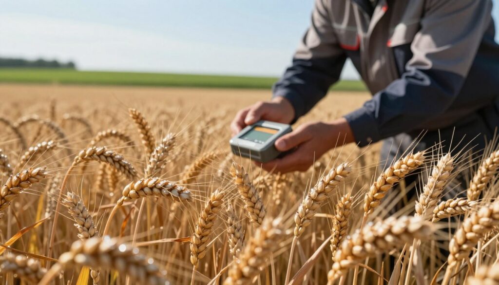 A close-up view of a field of grain with varying moisture levels, showcasing healthy, plump grains contrasted with drier, shriveled ones. In the foreground, focus on the glistening kernels of wheat, dew drops sparkled under early morning sunlight, creating a warm and inviting atmosphere. In the middle ground, a farmer in professional work attire examining the grain with a moisture meter, emphasizing the importance of moisture control in determining quality. The background features a blurred vista of lush green fields under a clear blue sky, enhancing the sense of agricultural abundance. Soft lighting accentuates the textures of the wheat, evoking a sense of care and diligence in harvesting practices. The overall mood is one of professionalism and attentiveness to agricultural techniques.