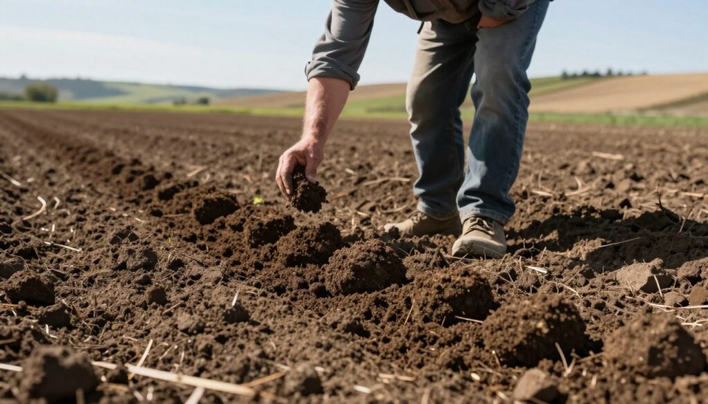 A close-up view of a freshly plowed field ready for sowing, showcasing dark, rich soil with fine tilth. The foreground features small clumps of earth being broken apart by the sun’s rays, revealing the texture and moisture content essential for seed germination. In the middle ground, a farmer in modest casual clothing examines soil samples, highlighting a practical and hands-on approach to soil preparation. The background includes gentle rolling hills under a clear blue sky, invoking a sense of tranquility and anticipation for the upcoming planting season. Natural sunlight filters through, casting soft shadows and enhancing the earthy tones. The overall atmosphere is one of hope and diligence, emphasizing the importance of soil preparation for achieving a successful crop yield.
