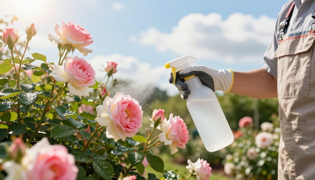 A close-up view of a gardener applying a natural pesticide spray on blooming roses in a lush garden. In the foreground, the gardener, dressed in a light, professional gardening outfit with gloves, carefully holds a spray bottle aimed at the vibrant pink and white roses. In the middle ground, the rose bushes are fully covered with healthy foliage, showcasing dewdrops glistening in the soft sunlight. The background features a clear blue sky with fluffy white clouds, emphasizing a bright, cheerful day. The lighting is warm and inviting, with a slight lens flare adding a dreamy quality to the scene. This image conveys a sense of care and responsibility towards both the plants and beneficial insects. A close-up view of a gardener applying a natural pesticide spray on blooming roses in a lush garden. In the foreground, the gardener, dressed in a light, professional gardening outfit with gloves, carefully holds a spray bottle aimed at the vibrant pink and white roses. In the middle ground, the rose bushes are fully covered with healthy foliage, showcasing dewdrops glistening in the soft sunlight. The background features a clear blue sky with fluffy white clouds, emphasizing a bright, cheerful day. The lighting is warm and inviting, with a slight lens flare adding a dreamy quality to the scene. This image conveys a sense of care and responsibility towards both the plants and beneficial insects.