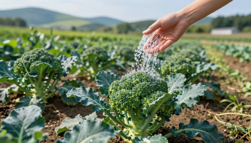 A close-up view of a gardener gently watering vibrant, green broccoli plants in a lush garden. The foreground focuses on the delicate water droplets glistening as they fall onto the leafy vegetables, showcasing their rich texture and deep color. In the middle ground, rows of healthy broccoli towers, sturdy and full, extend towards the horizon, surrounded by well-tended soil. The background features soft, rolling hills under a bright blue sky, hinting at a sunny day that enhances the lushness of the scene. Natural light spills onto the garden, casting soft shadows and creating an inviting, serene atmosphere. This peaceful environment captures the essence of nurturing plants without the threat of fungal diseases. A close-up view of a gardener gently watering vibrant, green broccoli plants in a lush garden. The foreground focuses on the delicate water droplets glistening as they fall onto the leafy vegetables, showcasing their rich texture and deep color. In the middle ground, rows of healthy broccoli towers, sturdy and full, extend towards the horizon, surrounded by well-tended soil. The background features soft, rolling hills under a bright blue sky, hinting at a sunny day that enhances the lushness of the scene. Natural light spills onto the garden, casting soft shadows and creating an inviting, serene atmosphere. This peaceful environment captures the essence of nurturing plants without the threat of fungal diseases.