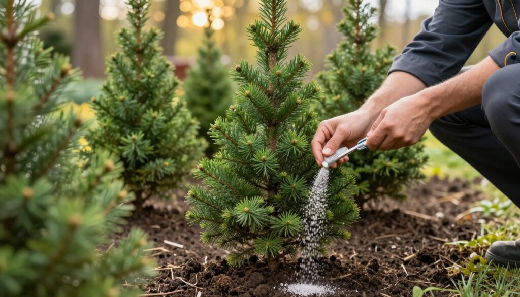 A close-up view of a gardener in professional attire, carefully applying fertilizer around the base of lush green spruce trees in a serene garden. The foreground features the gardener’s hands gently spreading the granules, while the vibrant green needles of the spruces contrast against rich, dark soil. In the middle ground, healthy spruces create a dense backdrop, fully adorned with fresh, vibrant foliage. The background displays a soft-focus landscape with dappled sunlight filtering through a nearby forest, creating a warm and inviting atmosphere. The image captures the essence of nurturing and care without stimulating rapid growth before winter, with soft, natural lighting enhancing the tranquility of the scene. A close-up view of a gardener in professional attire, carefully applying fertilizer around the base of lush green spruce trees in a serene garden. The foreground features the gardener’s hands gently spreading the granules, while the vibrant green needles of the spruces contrast against rich, dark soil. In the middle ground, healthy spruces create a dense backdrop, fully adorned with fresh, vibrant foliage. The background displays a soft-focus landscape with dappled sunlight filtering through a nearby forest, creating a warm and inviting atmosphere. The image captures the essence of nurturing and care without stimulating rapid growth before winter, with soft, natural lighting enhancing the tranquility of the scene.