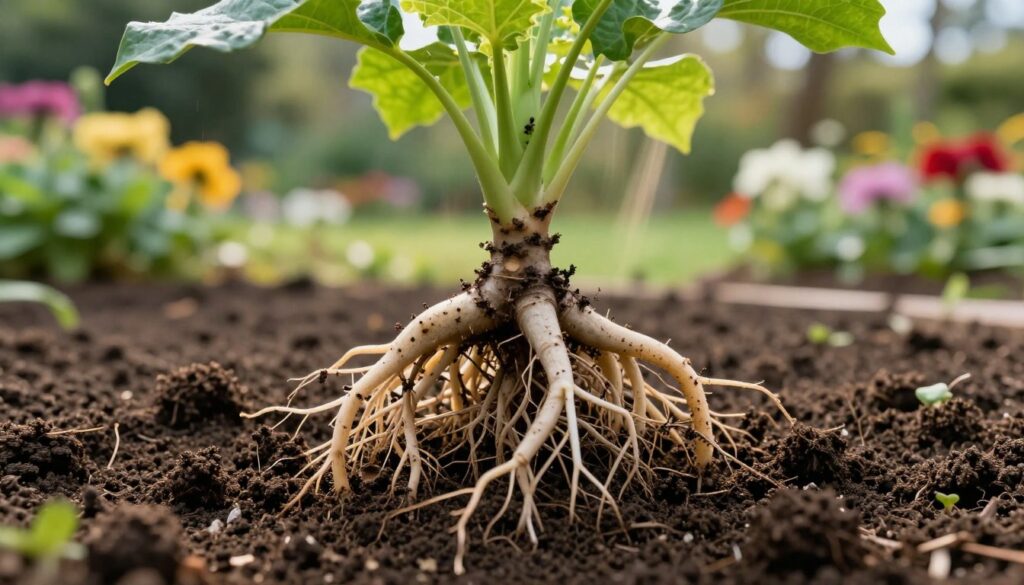 A close-up view of a healthy plant's root system, intricately detailed with thick, fibrous roots spreading through rich, dark soil, showcasing the interactions between roots and soil particles. The foreground features vibrant green leaves above ground, highlighting the connection between root health and plant vitality. In the middle ground, sunlight filters through, casting gentle rays that create a warm, inviting atmosphere, enhancing the intricate textures of the roots. The background presents a blurred garden landscape, filled with colorful flowers and foliage, symbolizing a thriving ecosystem. The overall mood is one of growth and nourishment, emphasizing the importance of root systems in plant health, illuminated by soft, natural lighting. A close-up view of a healthy plant's root system, intricately detailed with thick, fibrous roots spreading through rich, dark soil, showcasing the interactions between roots and soil particles. The foreground features vibrant green leaves above ground, highlighting the connection between root health and plant vitality. In the middle ground, sunlight filters through, casting gentle rays that create a warm, inviting atmosphere, enhancing the intricate textures of the roots. The background presents a blurred garden landscape, filled with colorful flowers and foliage, symbolizing a thriving ecosystem. The overall mood is one of growth and nourishment, emphasizing the importance of root systems in plant health, illuminated by soft, natural lighting.