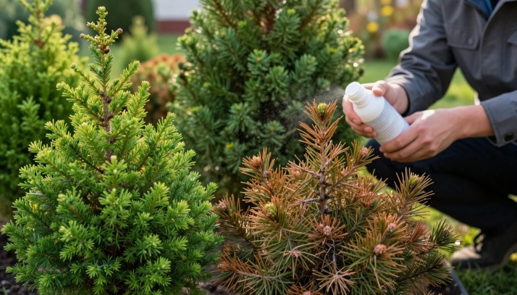 A close-up view of a lush conifer garden showing healthy evergreen needles alongside some that are brown and unhealthy, emphasizing the need for intervention. In the foreground, a few vibrant green conifer plants display signs of vigor, while in contrast, some branches exhibit brown, dry needles indicating poor health. The middle ground reveals a gardener in professional attire kneeling and applying a nutrient-rich intervention fertilizer, with small particles shimmering under soft sunlight. The background features a blurred view of various conifer trees, creating depth and an inviting atmosphere. The lighting is warm and natural, enhancing the vividness of the greens and browns. The overall mood conveys hope and care, illustrating the process of revitalizing struggling plants. A close-up view of a lush conifer garden showing healthy evergreen needles alongside some that are brown and unhealthy, emphasizing the need for intervention. In the foreground, a few vibrant green conifer plants display signs of vigor, while in contrast, some branches exhibit brown, dry needles indicating poor health. The middle ground reveals a gardener in professional attire kneeling and applying a nutrient-rich intervention fertilizer, with small particles shimmering under soft sunlight. The background features a blurred view of various conifer trees, creating depth and an inviting atmosphere. The lighting is warm and natural, enhancing the vividness of the greens and browns. The overall mood conveys hope and care, illustrating the process of revitalizing struggling plants.