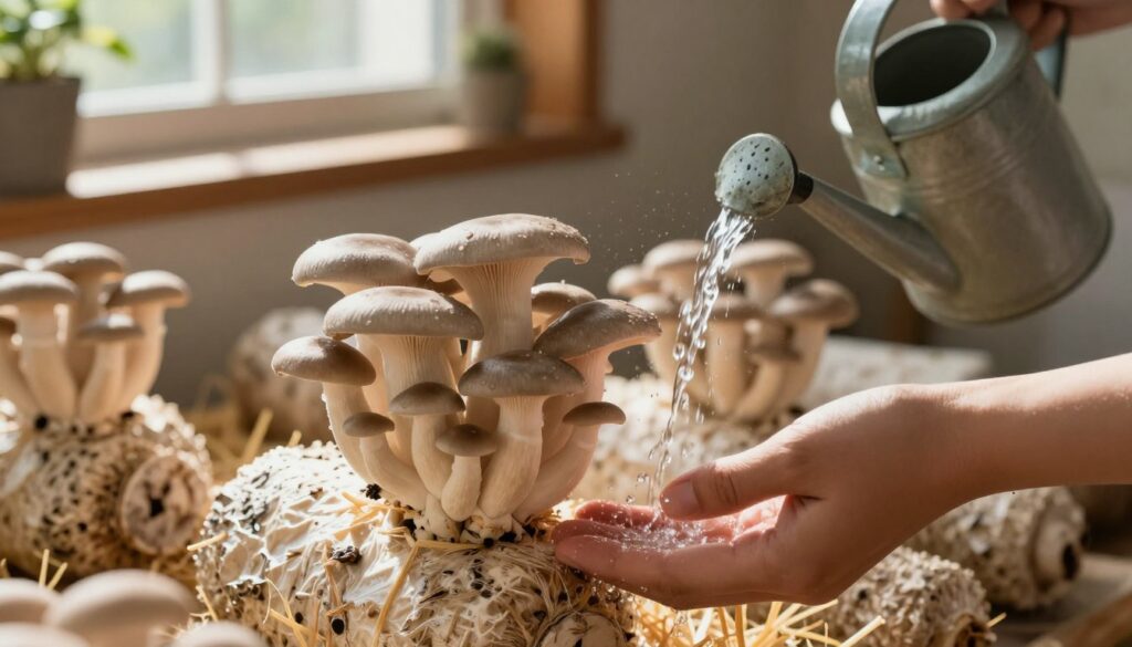 A close-up view of a mushroom cultivation setup, specifically focusing on the care of a straw bale. In the foreground, showcase a hand gently watering the bale with a soft stream from a watering can, droplets glistening in the light. The middle ground features an array of healthy oyster mushrooms sprouting from the bale, showcasing their vibrant textures and colors. In the background, a cozy indoor gardening space is visible, with natural sunlight filtering through a window, casting warm light and soft shadows. The scene should evoke a tranquil and nurturing atmosphere, ideal for growth and care, emphasizing the careful steps involved in maintaining mushroom cultivation. A close-up view of a mushroom cultivation setup, specifically focusing on the care of a straw bale. In the foreground, showcase a hand gently watering the bale with a soft stream from a watering can, droplets glistening in the light. The middle ground features an array of healthy oyster mushrooms sprouting from the bale, showcasing their vibrant textures and colors. In the background, a cozy indoor gardening space is visible, with natural sunlight filtering through a window, casting warm light and soft shadows. The scene should evoke a tranquil and nurturing atmosphere, ideal for growth and care, emphasizing the careful steps involved in maintaining mushroom cultivation.