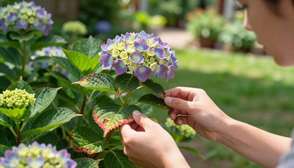 A close-up view of a person carefully inspecting a hydrangea plant in a sunny garden. The foreground features a pair of hands gently touching the leaves, showing signs of distress like slight swelling and redness, indicating possible symptoms of hydrangea poisoning. In the middle ground, hydrangea blossoms are vibrant but highlighted to show potential toxicity. The background includes a well-kept garden with other plants, blurred out to emphasize the subject. Natural sunlight creates a warm, inviting atmosphere while casting soft shadows, conveying an alert mood. The angle captures both the person's expression of concern and the beauty of the hydrangeas, serving as a reminder of their caution in the garden.