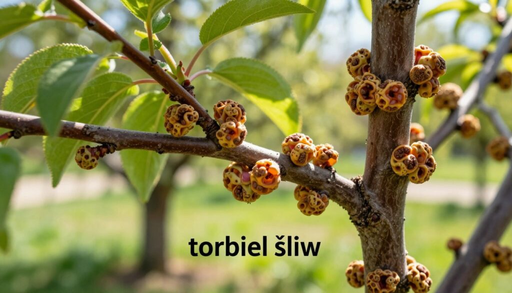 A close-up view of a plum tree suffering from "torbiel śliw," showcasing the distinctive galls or swellings on the tree branches. In the foreground, highlight the textured galls with intricate details that illustrate their irregular shapes and vibrant colors, reflecting the signs of infestation. In the middle ground, capture the healthy green leaves of the plum tree, contrasting sharply with the affected areas. The background should feature a soft-focus of a spring garden, with sunlight filtering through the leaves, creating a warm and inviting atmosphere. Use natural lighting to enhance the colors and details, and a shallow depth of field to bring focus to the galls while softly blurring the background. Aim for an informative and engaging visual that reflects the topic of plant diseases and care in spring.