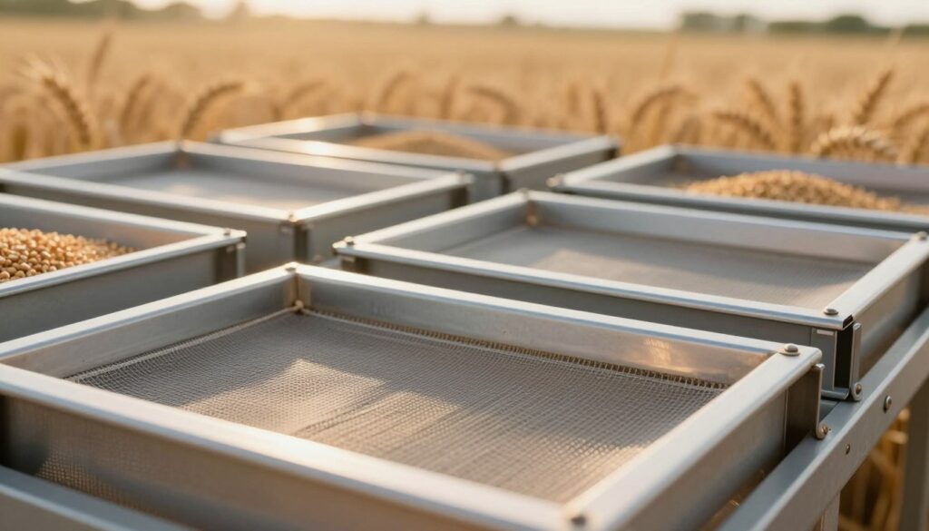 A close-up view of a series of high-quality grain cleaning sieves, showcasing various mesh sizes and shapes designed specifically for wheat sorting. In the foreground, a well-structured sieve with fine mesh is prominently displayed, their metallic surface reflecting ambient light. In the middle ground, additional sieves of different sizes and textures are arranged in a visually appealing manner. The background features a softly blurred agricultural setting, hinting at grains and wheat fields, bathed in natural, golden-hour lighting to evoke a warm and productive atmosphere. The scene is captured with a shallow depth of field, enhancing the focus on the sieves while creating a calm and professional mood. A close-up view of a series of high-quality grain cleaning sieves, showcasing various mesh sizes and shapes designed specifically for wheat sorting. In the foreground, a well-structured sieve with fine mesh is prominently displayed, their metallic surface reflecting ambient light. In the middle ground, additional sieves of different sizes and textures are arranged in a visually appealing manner. The background features a softly blurred agricultural setting, hinting at grains and wheat fields, bathed in natural, golden-hour lighting to evoke a warm and productive atmosphere. The scene is captured with a shallow depth of field, enhancing the focus on the sieves while creating a calm and professional mood.