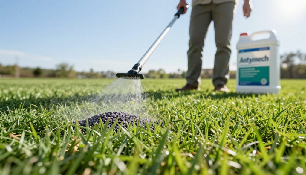 A close-up view of a vibrant green lawn being treated with "Antymech" lawn fertilizer, showcasing the granules of the product scattered on the grass. In the foreground, focus on the lush, healthy blades of grass, some lightly dusted with dark iron sulfate granules that contrast vividly against the greenery. The middle ground features a gardener in modest casual attire, gently spreading the fertilizer with a handheld spreader, demonstrating proper application technique. The background captures a clear blue sky with soft sunlight illuminating the scene, creating a bright and inviting atmosphere. The overall mood conveys care and precision in lawn maintenance, emphasizing a lush, healthy lawn free of moss. A close-up view of a vibrant green lawn being treated with "Antymech" lawn fertilizer, showcasing the granules of the product scattered on the grass. In the foreground, focus on the lush, healthy blades of grass, some lightly dusted with dark iron sulfate granules that contrast vividly against the greenery. The middle ground features a gardener in modest casual attire, gently spreading the fertilizer with a handheld spreader, demonstrating proper application technique. The background captures a clear blue sky with soft sunlight illuminating the scene, creating a bright and inviting atmosphere. The overall mood conveys care and precision in lawn maintenance, emphasizing a lush, healthy lawn free of moss.