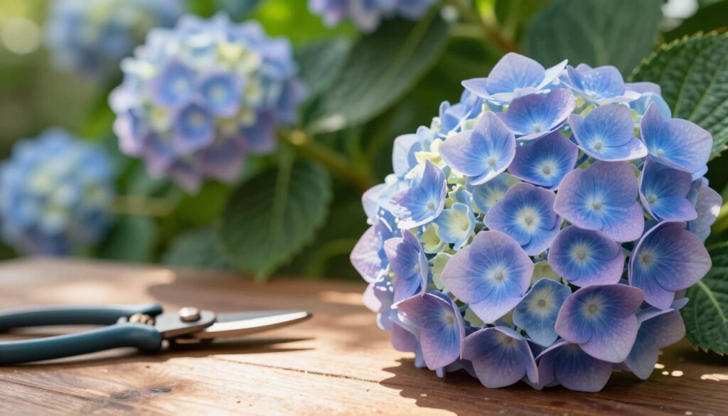 A close-up view of a vibrant hydrangea blossom in full bloom, showcasing the delicate, pastel-colored petals transitioning from light blue to soft purple, with an emphasis on the intricate texture and details of the flowers. In the foreground, a pair of garden shears rests gently on a wooden garden table, glistening in the dappled sunlight. In the middle background, a lush green hydrangea bush is visible, slightly blurred to emphasize the foreground, while sunlight filters through the leaves, casting gentle shadows. The overall atmosphere is serene and inviting, evoking a sense of summer gardening care and maintenance, with a warm, softly diffused light that enhances the colors. The composition should highlight the beauty of the hydrangeas in their natural setting, perfect for the topic of summer flower pruning. A close-up view of a vibrant hydrangea blossom in full bloom, showcasing the delicate, pastel-colored petals transitioning from light blue to soft purple, with an emphasis on the intricate texture and details of the flowers. In the foreground, a pair of garden shears rests gently on a wooden garden table, glistening in the dappled sunlight. In the middle background, a lush green hydrangea bush is visible, slightly blurred to emphasize the foreground, while sunlight filters through the leaves, casting gentle shadows. The overall atmosphere is serene and inviting, evoking a sense of summer gardening care and maintenance, with a warm, softly diffused light that enhances the colors. The composition should highlight the beauty of the hydrangeas in their natural setting, perfect for the topic of summer flower pruning.