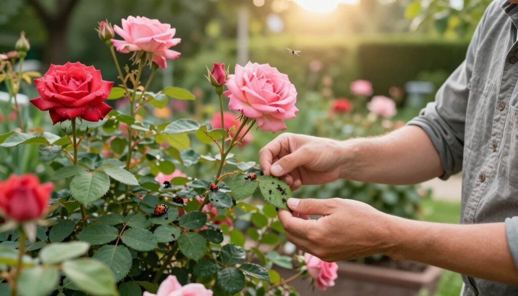 A close-up view of a vibrant rose bush in a well-kept garden, showcasing lush green leaves and blooming roses in various shades of pink and red. In the foreground, a gardener in modest casual clothing gently inspects the leaves for aphids, demonstrating preventive measures against infestations. The middle ground features natural barriers such as beneficial insects, like ladybugs and lacewings, nurturing a healthy ecosystem. In the background, a soft sunlight filters through the tree canopy, creating a warm, inviting atmosphere. The overall mood is serene and focused, highlighting the importance of proactive care in maintaining plant health. The image captures the essence of vigilance and care in gardening practices without any text or distractions. A close-up view of a vibrant rose bush in a well-kept garden, showcasing lush green leaves and blooming roses in various shades of pink and red. In the foreground, a gardener in modest casual clothing gently inspects the leaves for aphids, demonstrating preventive measures against infestations. The middle ground features natural barriers such as beneficial insects, like ladybugs and lacewings, nurturing a healthy ecosystem. In the background, a soft sunlight filters through the tree canopy, creating a warm, inviting atmosphere. The overall mood is serene and focused, highlighting the importance of proactive care in maintaining plant health. The image captures the essence of vigilance and care in gardening practices without any text or distractions.