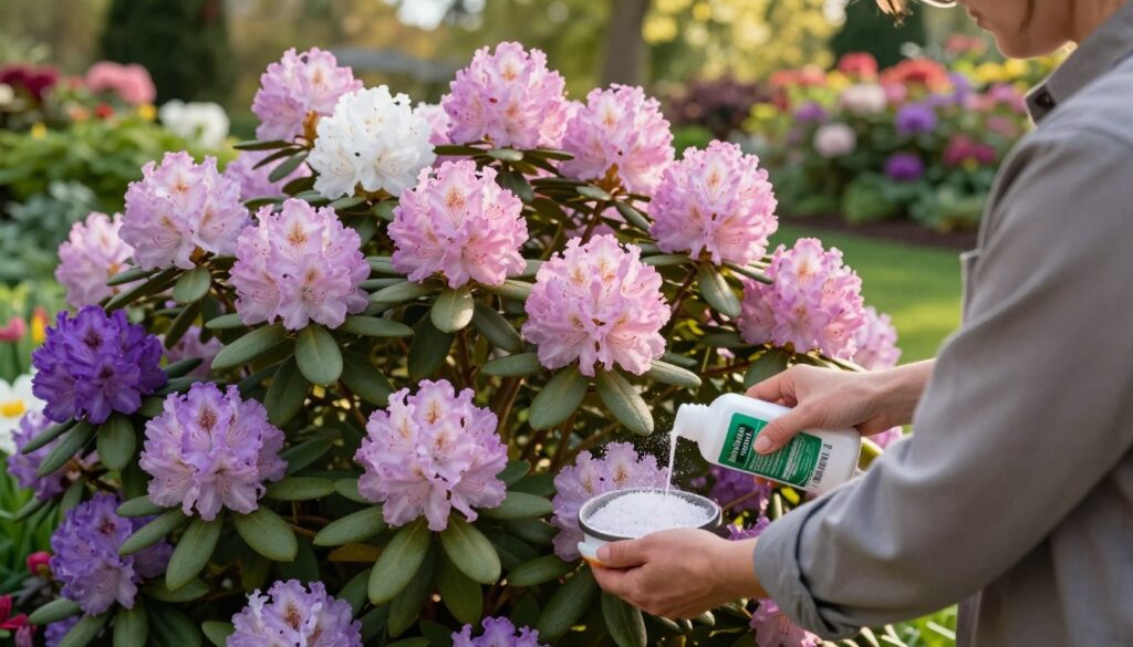 A close-up view of a well-maintained rhododendron garden, showcasing healthy, vibrant flowers in various shades of pink, purple, and white. In the foreground, a gardener, dressed in professional casual attire, is carefully applying organic fertilizer around the base of the plants. The middle ground features lush green foliage and the delicate bloom clusters of the rhododendrons, emphasizing their delicate beauty. The background displays a softly blurred landscape of other flowering plants and trees, with gentle sunlight filtering through the leaves, creating a warm and inviting atmosphere. Capture the scene from a slightly elevated angle to highlight both the action of fertilizing and the flourishing plants. The overall mood should reflect attentiveness and care in gardening practices.