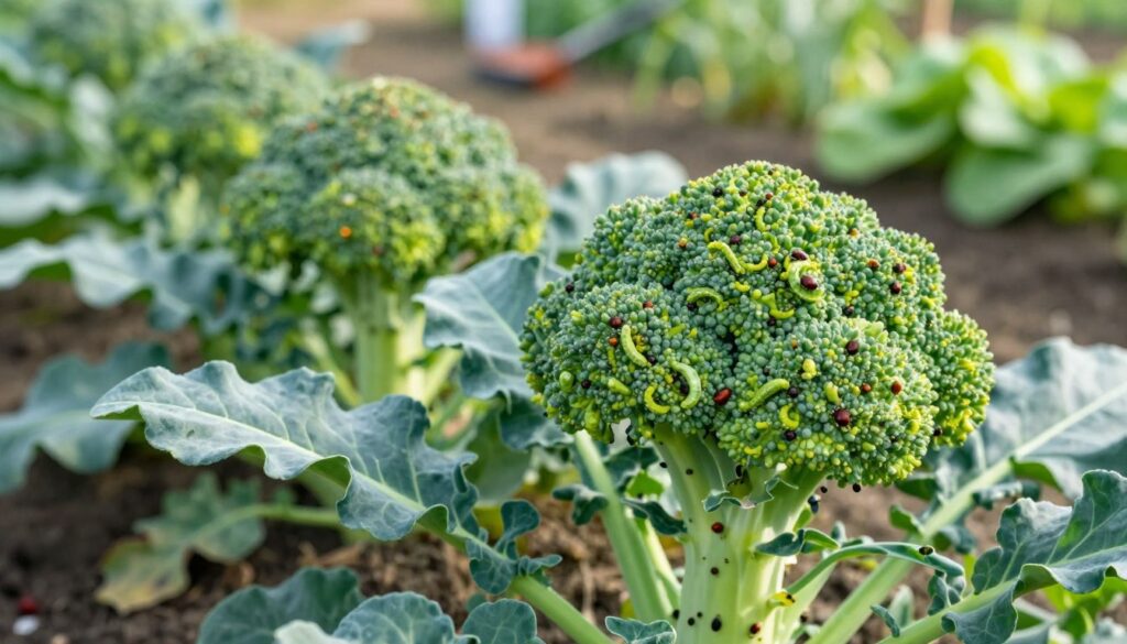 A close-up view of broccoli plants in a garden setting, showcasing various common pests such as aphids, cabbage worms, and flea beetles. The foreground features the vibrant green leaves of the broccoli, with pests clearly visible, highlighting their impact on the plants. In the middle ground, slightly blurred broccoli heads are seen, demonstrating healthy growth despite the pests. The background features a soft-focus garden landscape with other vegetables and garden tools, hinting at a well-maintained growing area. The lighting is bright and natural, simulating early morning sunlight that emphasizes the freshness of the plants. The overall mood is one of alertness and awareness, capturing the essence of pest identification and management in broccoli cultivation. A close-up view of broccoli plants in a garden setting, showcasing various common pests such as aphids, cabbage worms, and flea beetles. The foreground features the vibrant green leaves of the broccoli, with pests clearly visible, highlighting their impact on the plants. In the middle ground, slightly blurred broccoli heads are seen, demonstrating healthy growth despite the pests. The background features a soft-focus garden landscape with other vegetables and garden tools, hinting at a well-maintained growing area. The lighting is bright and natural, simulating early morning sunlight that emphasizes the freshness of the plants. The overall mood is one of alertness and awareness, capturing the essence of pest identification and management in broccoli cultivation.